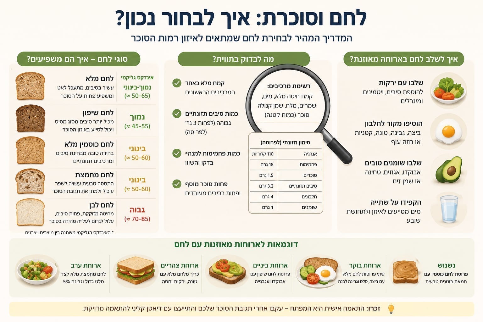 לחם וסוכרת: איזה לחם עדיף, כמה לאכול ומה חשוב לבדוק בתווית - המדריך המלא לשנת 2026