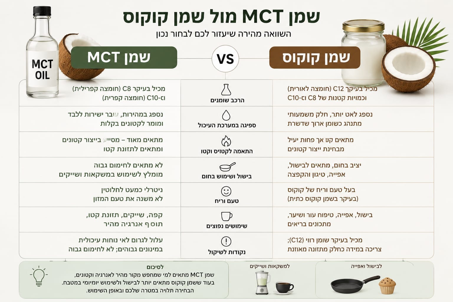 שמן MCT מול שמן קוקוס: מה ההבדל, מה החסרונות ומה חשוב לדעת - המדריך המלא לשנת 2026